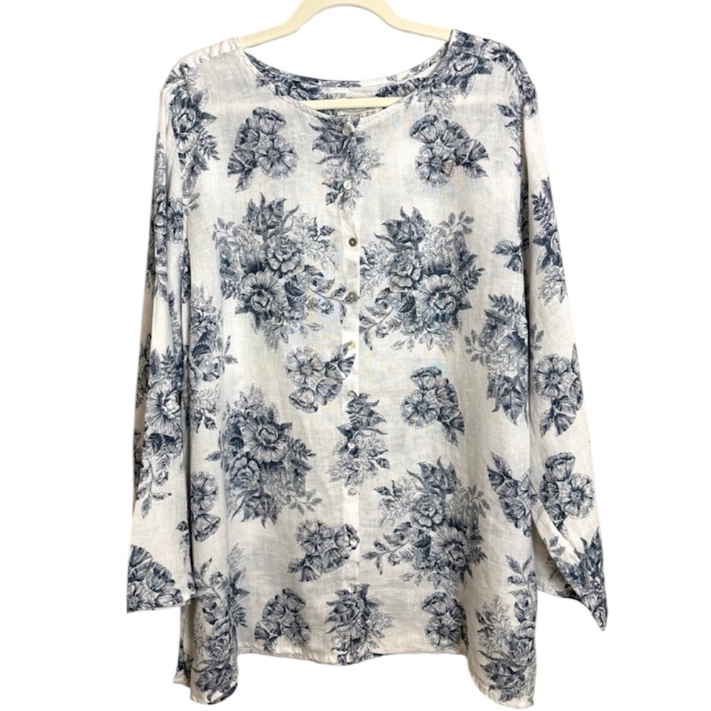 Rachel Zoe Blue White Floral Button Down Linen Top Women’s 3X Coastal Relaxed